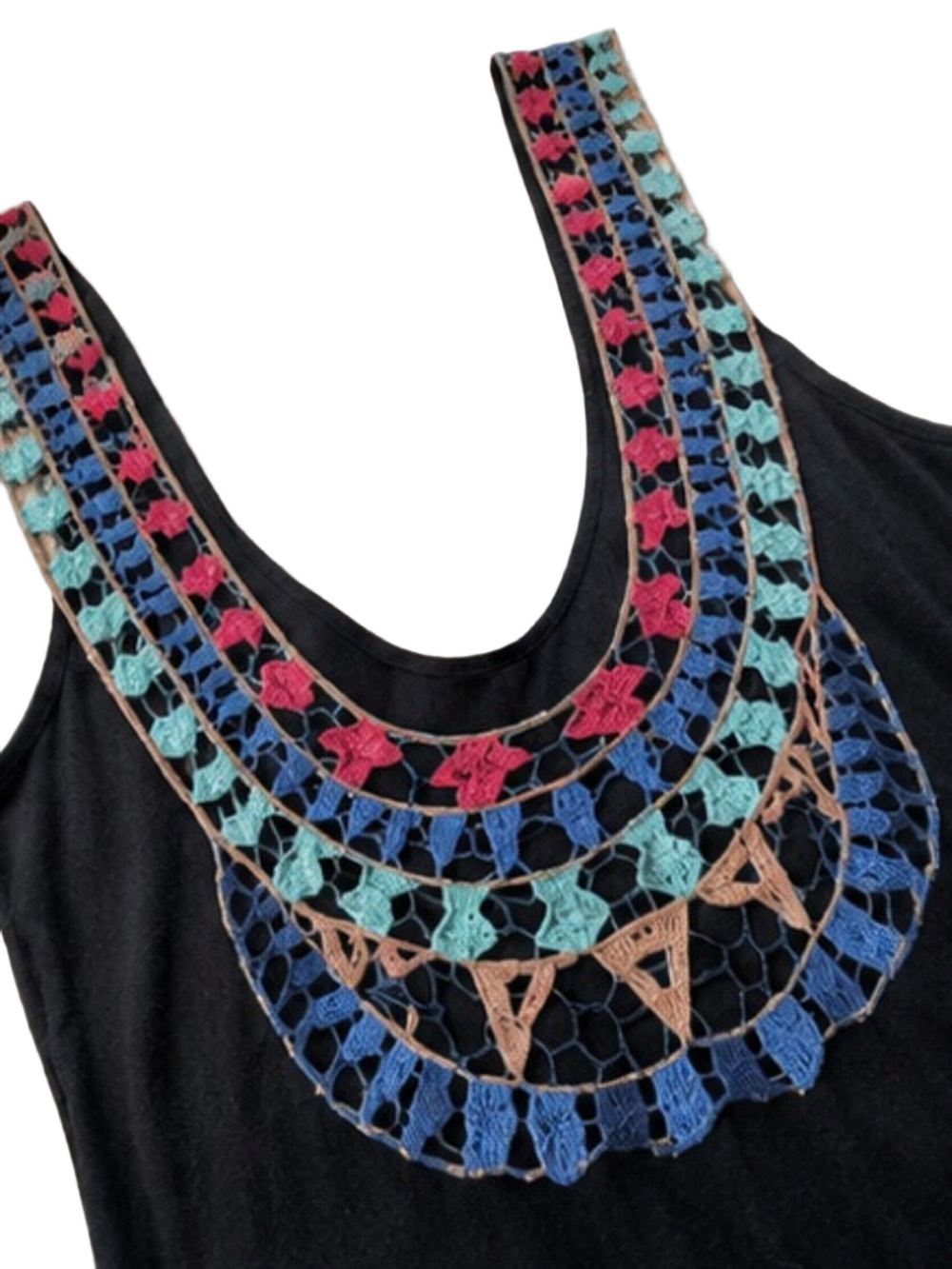 Black Maxi Dress Colorful Crochet Bib Neck Boho Festival S/M US 4 - US 6 - Picture 3 of 5